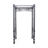 The "Manticore Four Post Power Rack Builder" by Bells of Steel is ideal for home gyms, offering a sturdy 3" x 3" metal design for weightlifting. It features 1" adjustment holes, modular components, and a pull-up bar, all with an industrial look.