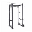 The Bells of Steel Manticore Flat Foot Power Rack - Prebuilt (3" x 3", 1" Holes) is a sturdy gray weightlifting rack with multiple adjustment holes and a top pull-up bar, perfect for any home gym setup.