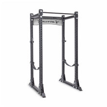 The Bells of Steel Manticore Flat Foot Power Rack - Prebuilt (3" x 3", 1" Holes) is a sturdy gray weightlifting rack with multiple adjustment holes and a top pull-up bar, perfect for any home gym setup.