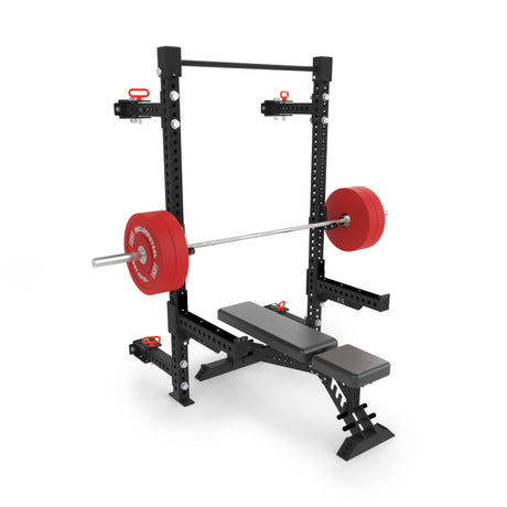 	Product picture of the Manticore Folding Power Half Rack PREBUILT assembled with a bench and a loaded barbell