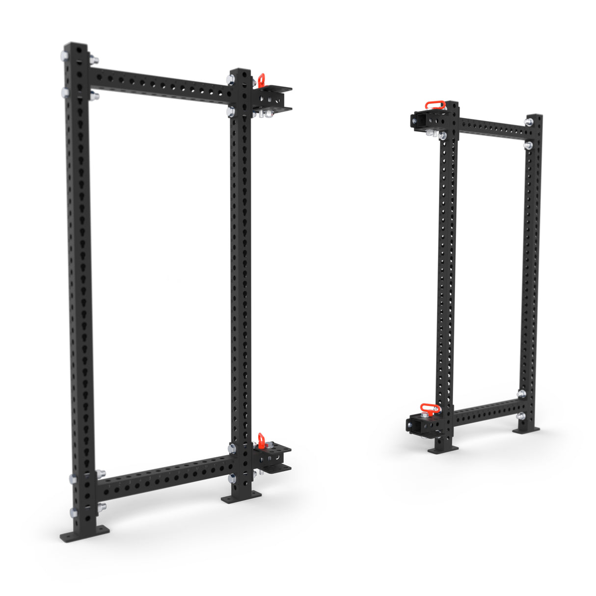 The Manticore Folding Power Rack Builder by Bells of Steel, features two black metal racks with adjustable 1" holes and red clips on a white background; the left rack is upright while the right is angled. With a 1,000-pound capacity, they're ideal for diverse fitness exercises and weightlifting setups.