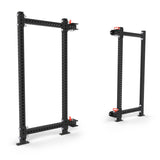 The Manticore Folding Power Rack Builder by Bells of Steel, features two black metal racks with adjustable 1" holes and red clips on a white background; the left rack is upright while the right is angled. With a 1,000-pound capacity, they're ideal for diverse fitness exercises and weightlifting setups.