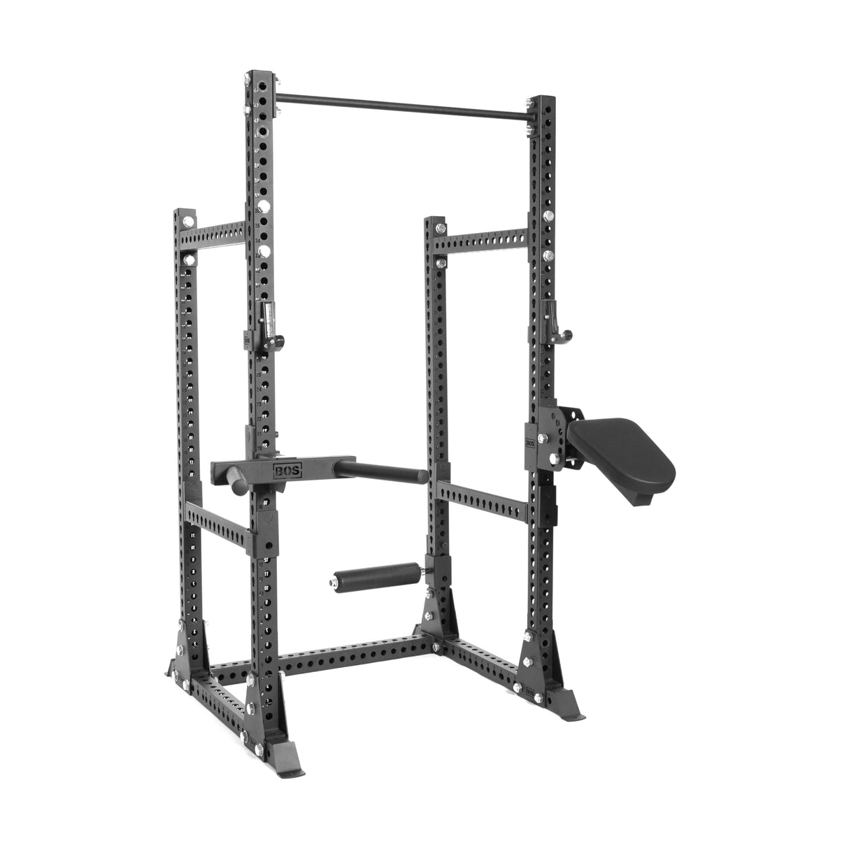 The Manticore Half Rack Builder by Bells of Steel features a black adjustable design with 3" x 3", 1" holes for customization, pull-up bar, dip handles, and weight plate storage. Ideal for strength training in home or commercial gyms.