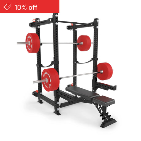 The Bells of Steel Manticore Folding Power Rack Builder (3"x3", 1" holes), shown with a weight bench and red plates on a white background, is featured for home gyms. A red “10% off” banner appears in the top left corner.