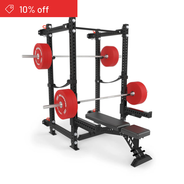 The Bells of Steel Manticore Folding Power Rack Builder (3"x3", 1" holes), shown with a weight bench and red plates on a white background, is featured for home gyms. A red “10% off” banner appears in the top left corner.
