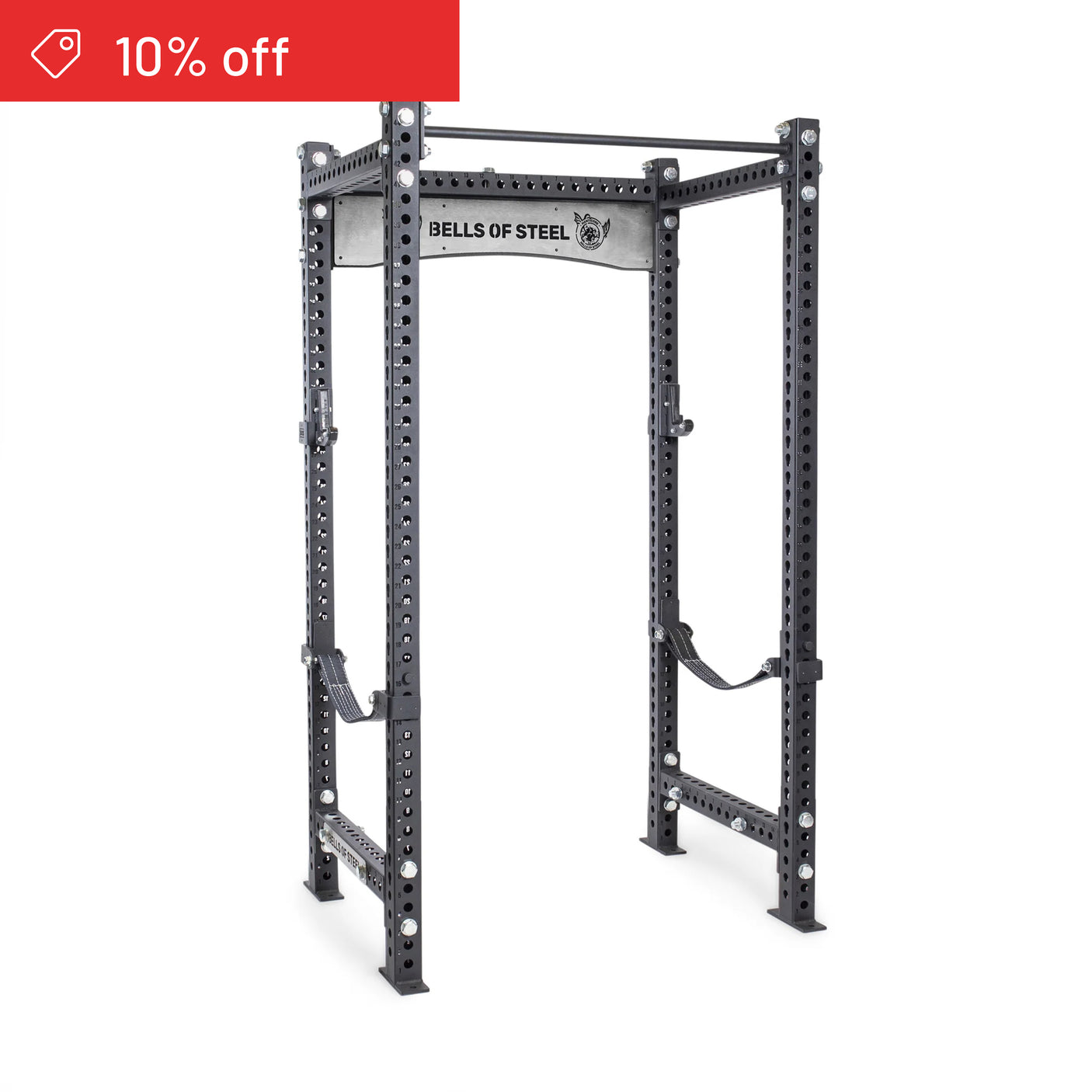 The Manticore Four Post Power Rack Builder (3" x 3", 1" Holes) by Bells of Steel stands sturdy in gray steel, ideal for any home gym. A red "10% off" banner appears in the top left on a white background.