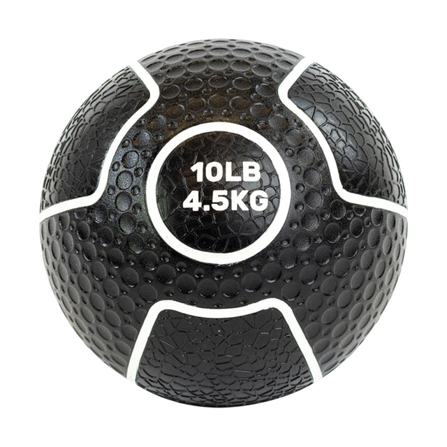 Introducing Bells of Steel's Mighty Grip Medicine Balls with a textured surface and white seams for superior grip, marked "10LB" and "4.5KG," perfect for all fitness levels to elevate your workout experience.