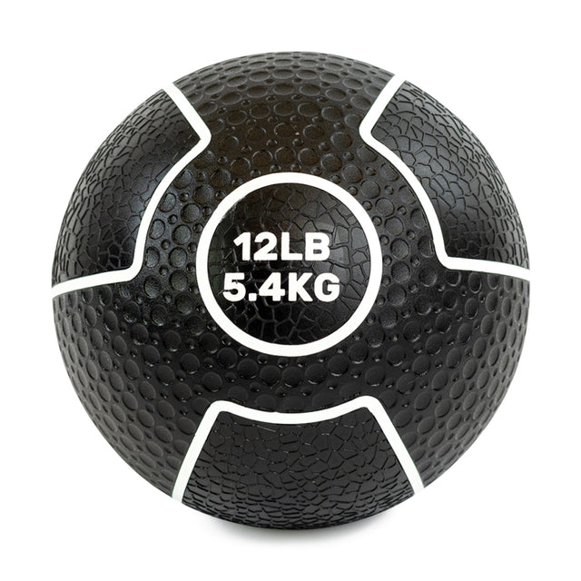 Introducing the Mighty Grip Medicine Ball by Bells of Steel: Featuring a black, textured surface for superior grip, with "12 LB" and "5.4 KG" in crisp white on the front. Ideal for all fitness levels to enhance your workout experience.