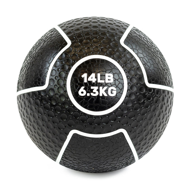 Introducing the Bells of Steel Mighty Grip Medicine Ball: A black ball with a textured surface and white lines, boldly marked with "14 LB" and "6.3 KG" on the front. Perfect for all fitness levels, its superior grip enhances workout performance.