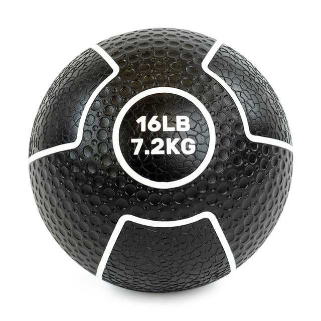 Presenting the Bells of Steel Mighty Grip Medicine Ball, featuring a black texture with white lines and a "16LB 7.2KG" label. Its excellent grip offers secure handling for all fitness levels.