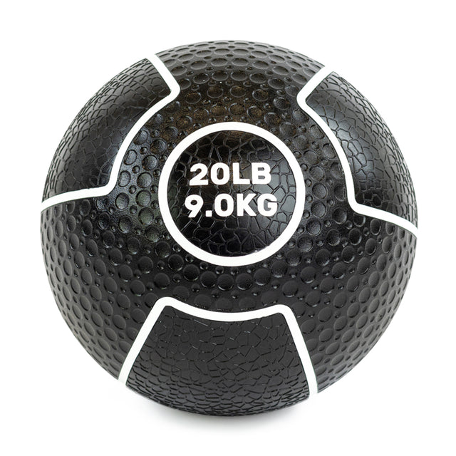 Introducing the Bells of Steel Mighty Grip Medicine Balls, designed with a textured surface and white geometric lines for optimal grip. It features a bold "20LB 9.0KG" label, making it perfect for all fitness levels and an ideal workout companion.