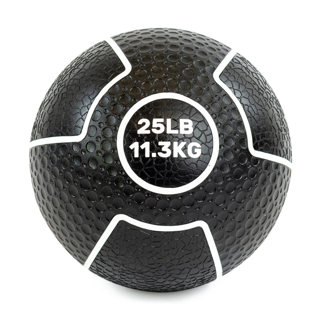 The Bells of Steel Mighty Grip Medicine Ball has a black textured surface with white markings of "25LB" and "11.3KG," ensuring excellent grip for all fitness levels.