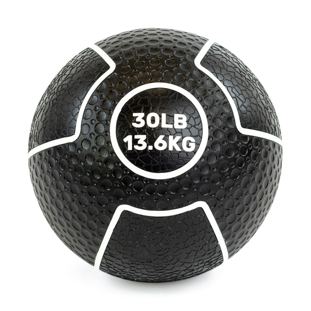 The Bells of Steel Mighty Grip Medicine Balls feature a textured surface for excellent grip. They have striking white lines and markings, with the center text showing a weight of 30 pounds (13.6 kg), making them ideal for all fitness levels.