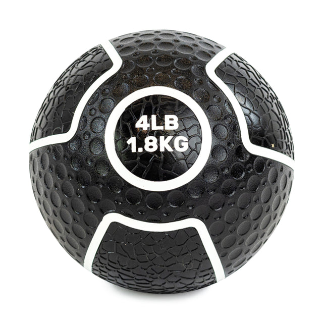 Introducing Bells of Steel's Mighty Grip Medicine Ball! This black ball, with white accents and "4LB" and "1.8KG" markings, has a cracked pattern for superior grip. Suitable for all fitness levels, it enhances diverse exercises and elevates your workout routine effortlessly.