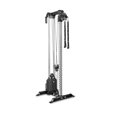 The Bells of Steel Cable Tower features weight stacks, multiple pulleys, and a rope handle attachment—ideal for strength and resistance training in home or commercial gyms.