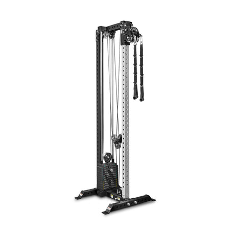 The Bells of Steel Cable Tower is a tall, black and silver strength training machine with adjustable pulleys, weight stack, and two rope handles—perfect for gym or home gym workouts.