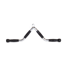 The Bells of Steel MULTI-PURPOSE V STYLE BAR features black rubber grips for muscle training and is ideal for cable machine attachment, shown isolated on a white background.