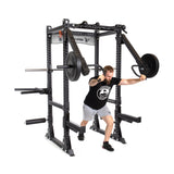 product picture of Manticore Flat Foot Power Rack PREBUILT with male model using lever arms