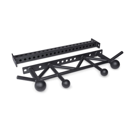 The Bells of Steel USA Colored Globe Pull up Bar is displayed, featuring multiple angled grips, large colored spherical handles, and a separate rectangular mounting bracket with circular holes.
