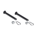 The Bells of Steel Band Pegs with Carabiners set includes 2 black metal pegs, 2 silver collars, and 2 carabiner clips—ideal for attaching resistance bands to your power rack. Arranged on a white background.