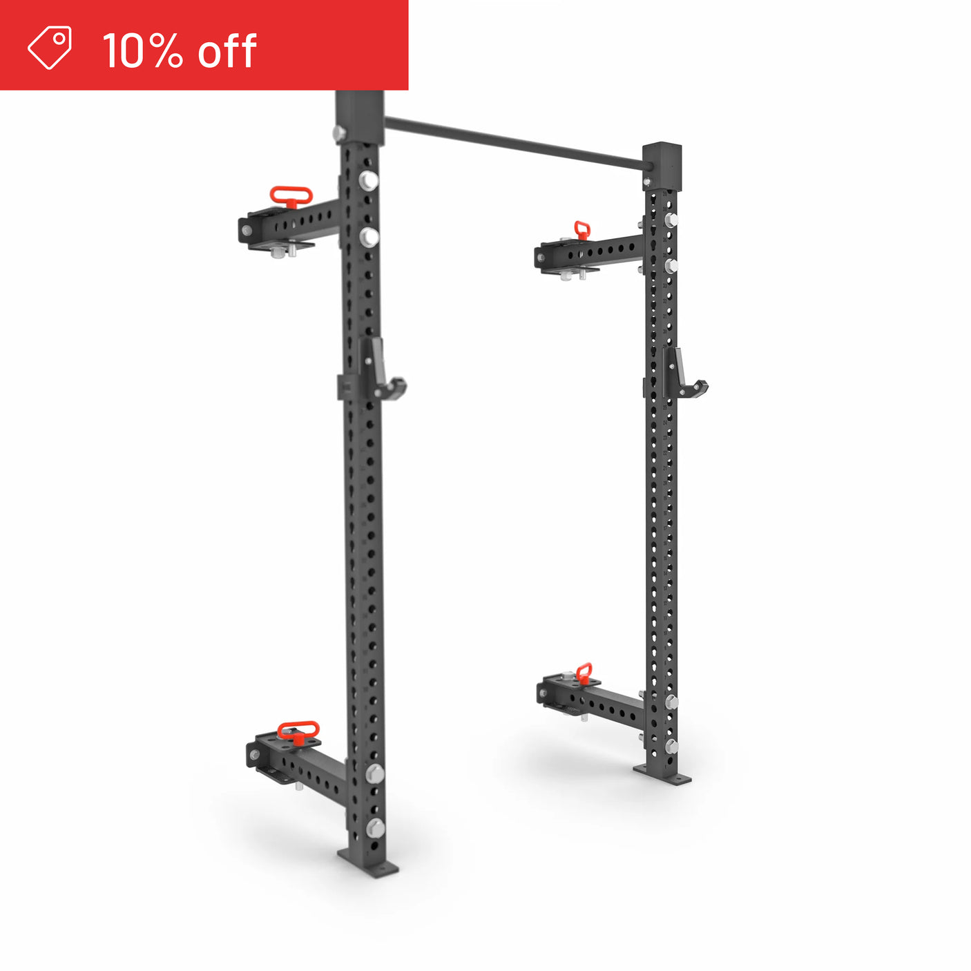 The Bells of Steel Manticore Folding Half Rack Builder (3" x 3", 1" Holes) is featured in black metal with adjustable safety bars and J-hooks on a white background. A red "10% off" banner with a tag icon appears in the top left corner.