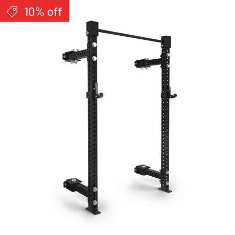 The Manticore Folding Half Rack Builder (3" x 3", 1" holes) by Bells of Steel stands on a white background, with a red "10% off" label and price tag icon—ideal for upgrading your home gym rack setup.
