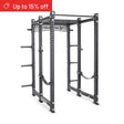 The Bells of Steel Manticore Six Post Power Rack Builder (3" x 3", 1" Holes) supports up to 1000 lbs, features adjustable attachments, safety straps, and weight pegs—ideal for home gyms. A red banner in the corner says "Up to 15% off.