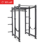 The Bells of Steel Manticore Six Post Power Rack Builder (3" x 3", 1" holes) features adjustable attachments, pull-up bars, and plate storage. A red "10% off" label in the top left highlights this heavy-duty rack for serious home gyms.