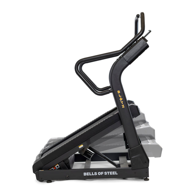 The Bells of Steel Blitz Mountain Climber Treadmill, in sleek black, features multiple handles and is designed for intense workouts. Set against a white background, it mimics the challenge of climbing a mountain.