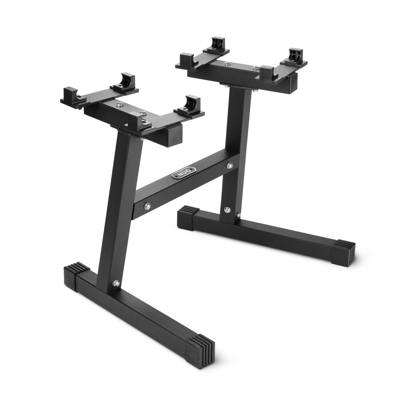 The Nuobell NÜOBELL Floor Stand features a sturdy, modern black metal build with four adjustable brackets, rectangular legs, and rubber feet for space-efficient dumbbell storage.