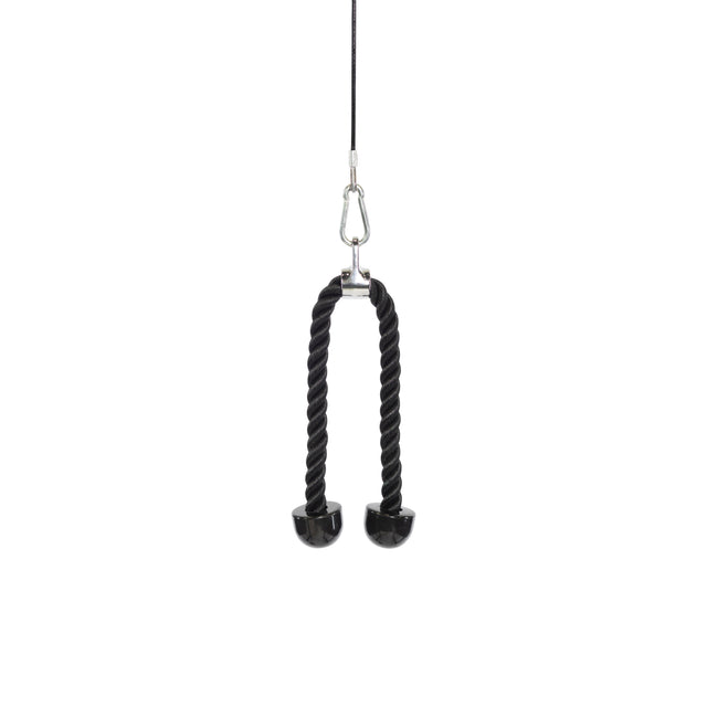 A Bells of Steel Tricep Rope Extension with silver hooks and a carabiner hangs from a cable machine. The twisted black rope features rubber end caps, ideal for targeting triceps on gym equipment. The background is plain white.