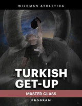 A person performing a Turkish get-up with the Wildman Turkish Get Up Kettlebell Bundle features on a rugged background. Text reads: "Bells of Steel USA" at the top and "Turkish Get-Up Master Class Program" at the bottom, with a brown stripe highlighting "Master Class.