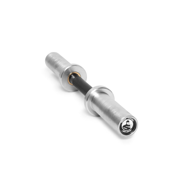 The Bells of Steel Loadable Dumbbell Handle, featuring a sleek silver and black design with round ends and a visible logo, is an essential addition to any home gym setup.
