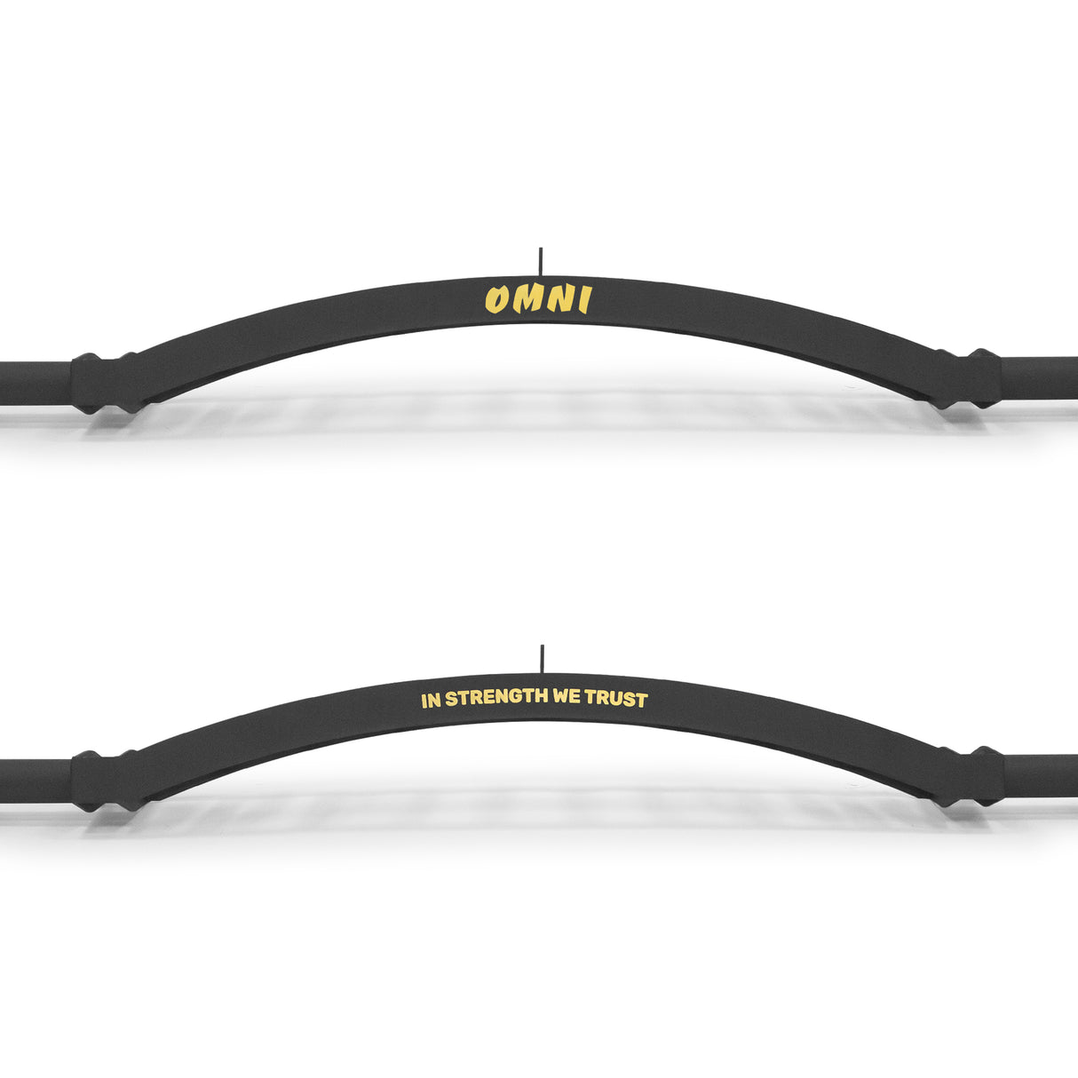 The Bells of Steel Omni Bar features two sleek black curved bars with bold yellow text, "OMNI" and "IN STRENGTH WE TRUST." Ideal for power racks, their premium knurling stands out against a white backdrop, showcasing the high-quality design typical of Omni Bar gym equipment.