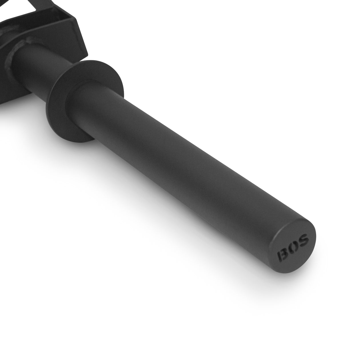 Close-up of a black barbell sleeve on the Omni Bar by Bells of Steel, engraved with "BOS" at its end. Designed for holding weight plates, it features sleek knurling against a plain white background, highlighting its efficient design.