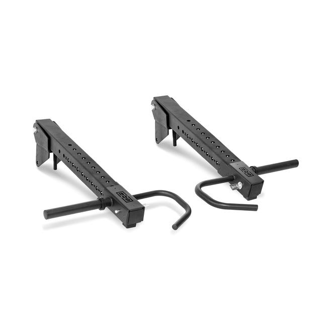 Two black metal Lever Arms Rack Attachments by Bells of Steel, featuring angled handles and adjustable height holes, stand side by side on a plain white background. Their space-efficient design provides versatility akin to an adjustable pull-up bar, ready for any task with ease.