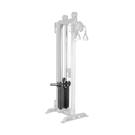 The Bells of Steel USA Oblivyon Tower - 3" x 3” Cable Tower for strength training is shown with weight stacks and handle. The cable tower stands out, while other gym equipment and a squat rack are faded in the background.