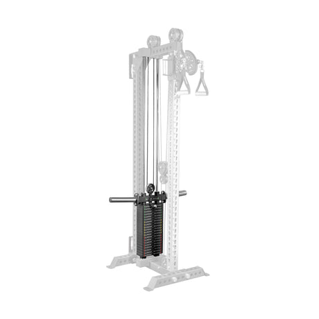 The Bells of Steel USA Oblivyon Tower - 3" x 3” Cable Tower is a versatile strength training machine featuring a single weight stack, handle attachment, and an adjustable metal frame—ideal for home gyms. The partially faded frame enhances its appeal.