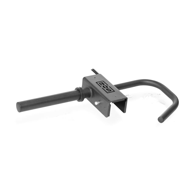 The Bells of Steel Lever Arms Rack Attachment is a black metal training tool with a straight grip handle on one side, an L-shaped hook on the other, and a middle square bracket, ideal for weightlifting or strength workouts like using Hydra Lever Arms.