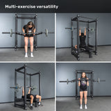 Four images show a woman using the Bells of Steel Arch Nemesis Swiss Bar and a weight rack for bent-over row, overhead press, bench press, and standing barbell press. Caption: "Multi-exercise versatility with specialty barbells.