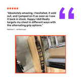 A customer review with large purple quotation marks praises the Bells of Steel Arch Nemesis Swiss Bar for its alternating grip options, similar to specialty barbells. Below is a photo of the black bar on concrete next to wooden boards and a ladder.