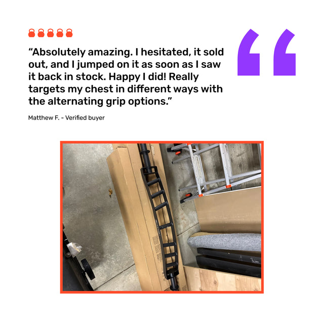 A customer review with large purple quotation marks praises the Bells of Steel Arch Nemesis Swiss Bar for its alternating grip options, similar to specialty barbells. Below is a photo of the black bar on concrete next to wooden boards and a ladder.