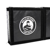 The Bells of Steel Deadlift Platform Drop Pad Pair is a black crash mat featuring the "Bells of Steel Est. 2010" logo and a white muscular figure, designed to absorb impact and reduce noise during heavy lifts.