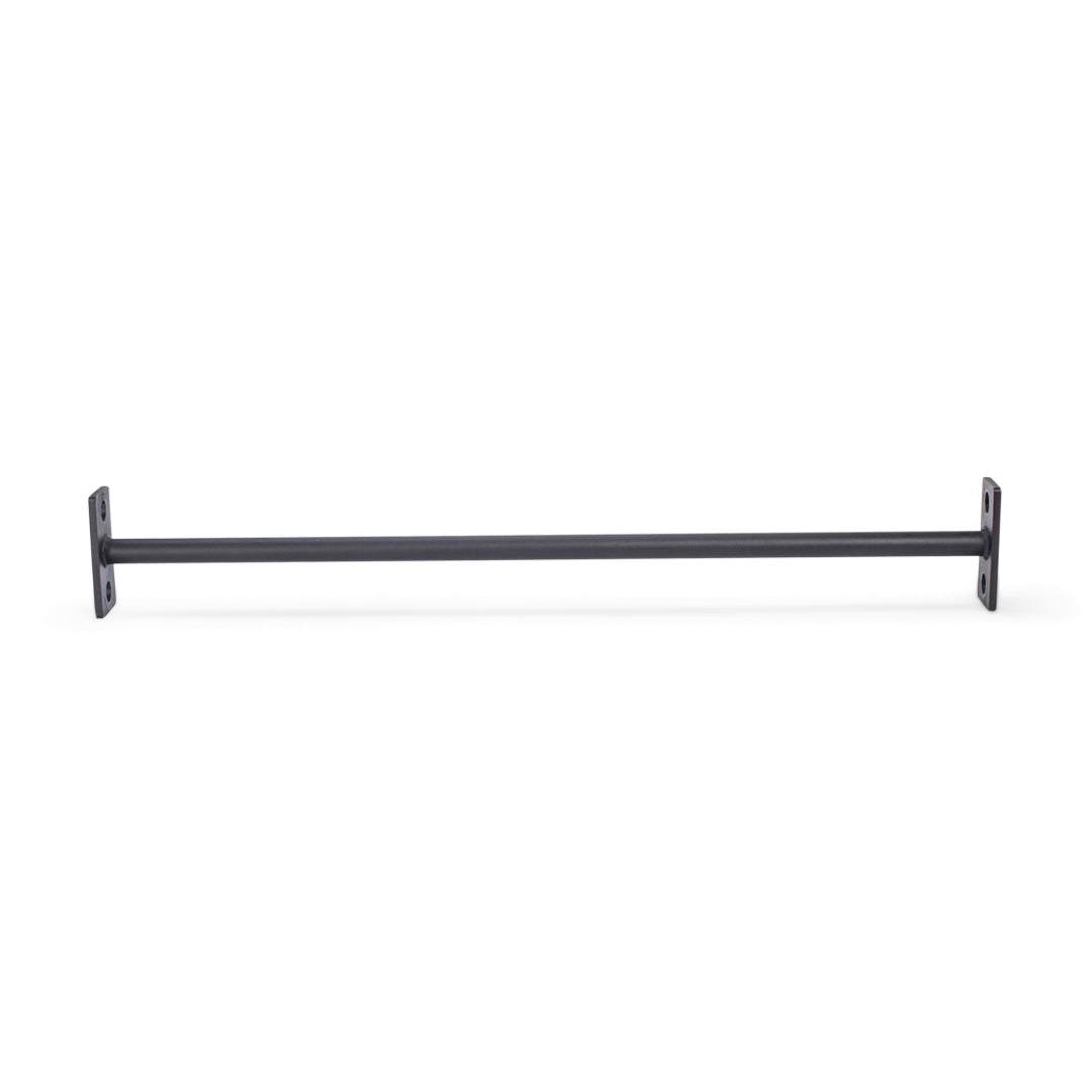 The Bells of Steel Straight Pull Up Bar is a black metal rod with mounting brackets on both ends, making it an easy-to-install, space-saving pull-up solution on any wall. Ideal for improving grip strength, it's set against a plain white background for clarity and simplicity.