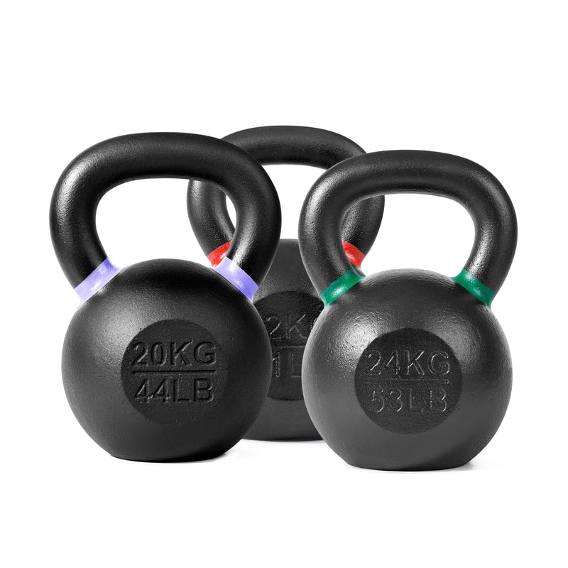 The Bells of Steel Powder Coated Kettlebells set includes 16 kg, 20 kg, and 24 kg weights with colored bands for easy ID. Their black finish ensures a strong grip and rust resistance for lasting performance.