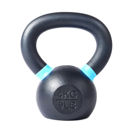 A Bells of Steel Powder Coated Kettlebell, featuring a black powder-coated finish with a blue accent near the handle, is labeled “4 KG” and “9 LB” on the front for accurate weight identification and displayed against a white background.