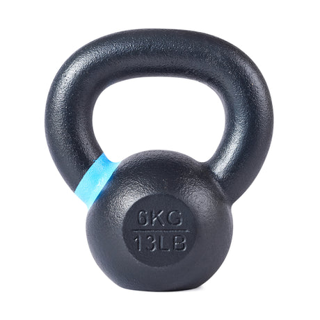 A Bells of Steel Powder Coated Kettlebell features a black powder-coated finish with a blue stripe near the handle. The front is clearly labeled “6KG 13LB,” showing both kilogram and pound weights for precise weight identification.