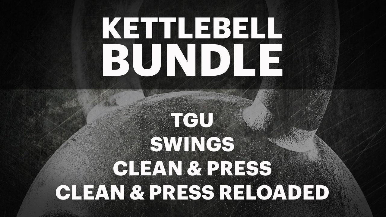 Text reading “Ultimate Kettlebell Bundle - By Mark Wildman (Digital Product), Bells of Steel: TGU, Swings, Clean & Press, Reloaded” over a close-up kettlebell on a dark background. Includes expert guidance for every workout.