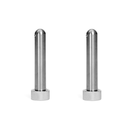 Two identical Bells of Steel Magnetic Rack Attachment Pins—with cylindrical metal bodies, rounded tops, and textured bases—stand upright side by side on a plain white background.