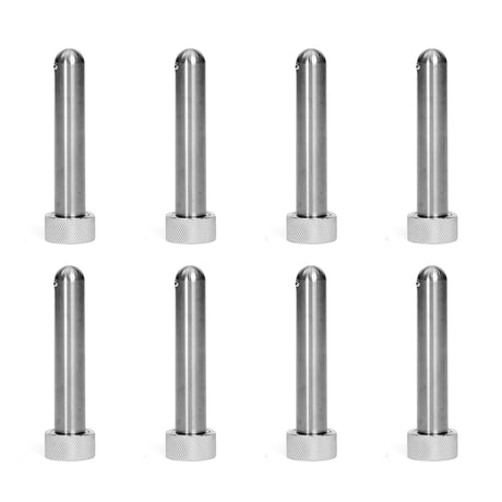 Eight identical Bells of Steel Magnetic Rack Attachment Pins, each with rounded tops and knurled bases, are arranged in two rows of four on a plain white background.